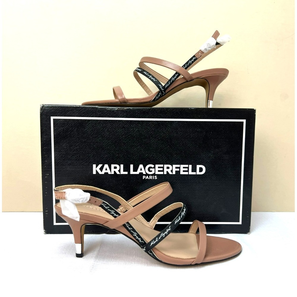 NWOB Karl Lagerfeld Paris Dextra Strappy Sandal Taupe & Black Kitten Heel SZ 8